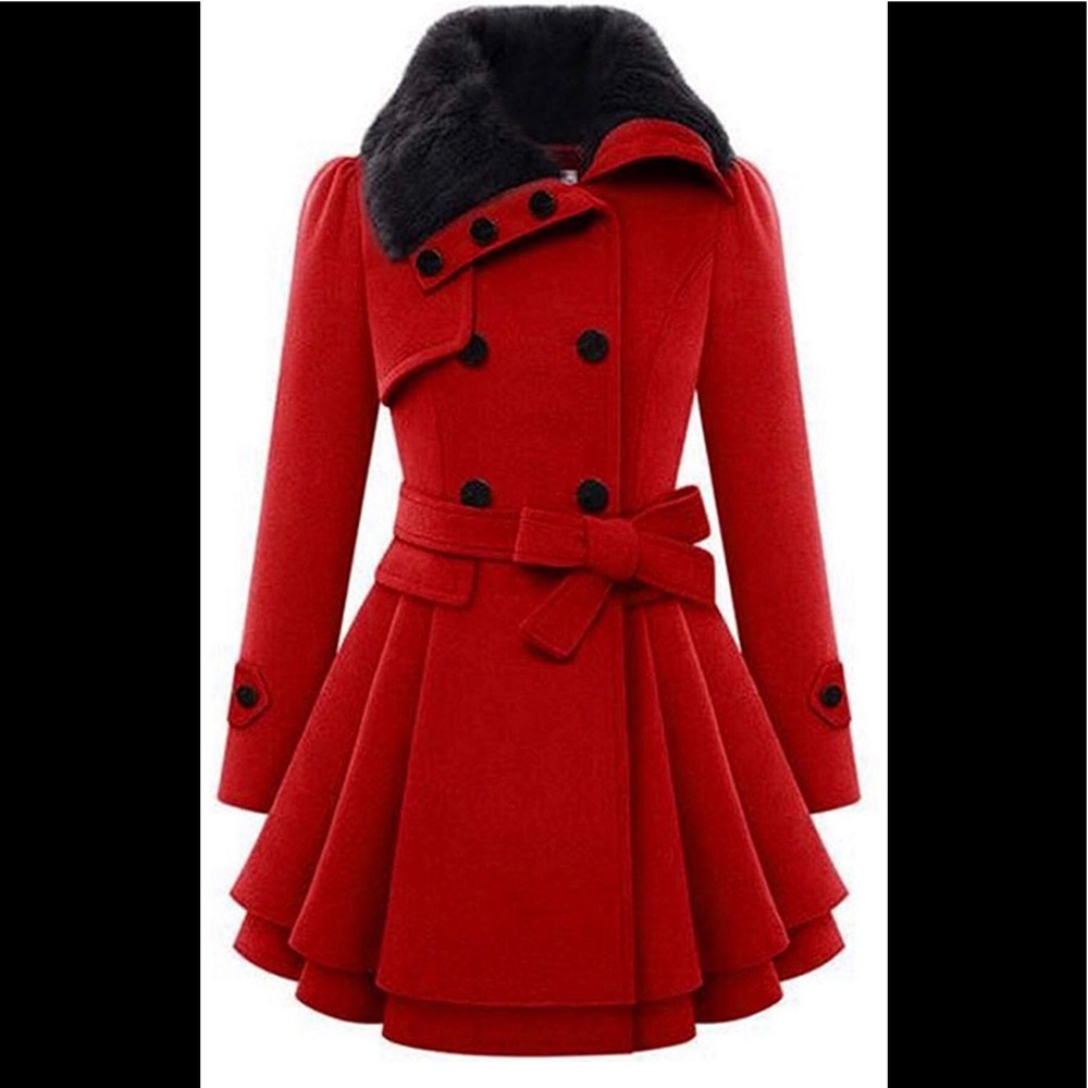 Women’s Faux Fur Lapel Wool  Trench Coat Jacket